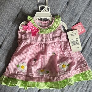 Rare Editions Pink and Green Gingham Dress with Floral Appliqué